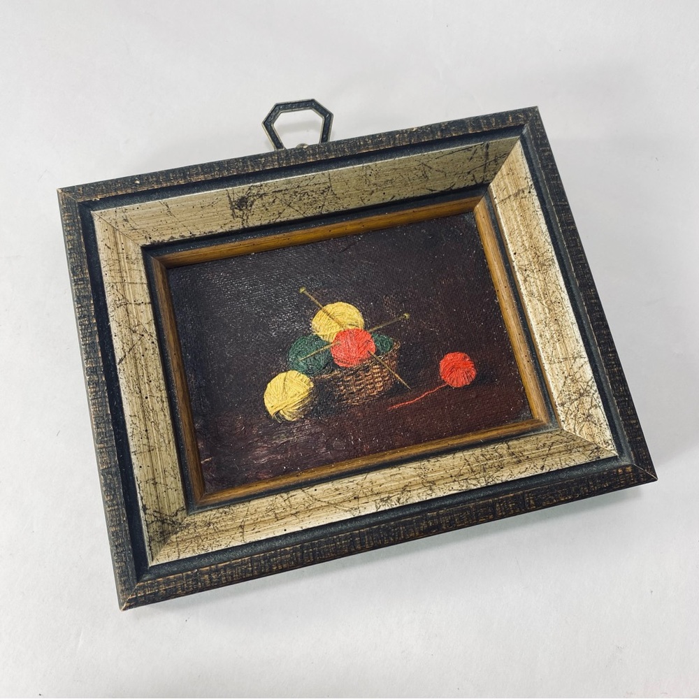 Miniature Vintage Still Life Oil Painting Board Basket Knitting Yarn and Needles - Picture 2 of 13
